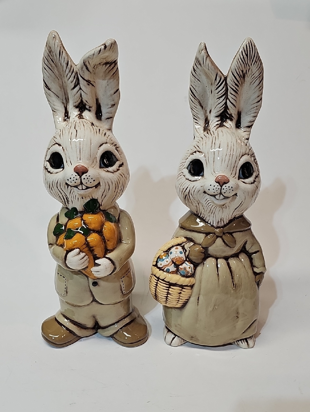 Antiqued Hand-Painted Ceramic Bunny Figurine Couple - Easter Spring Decor